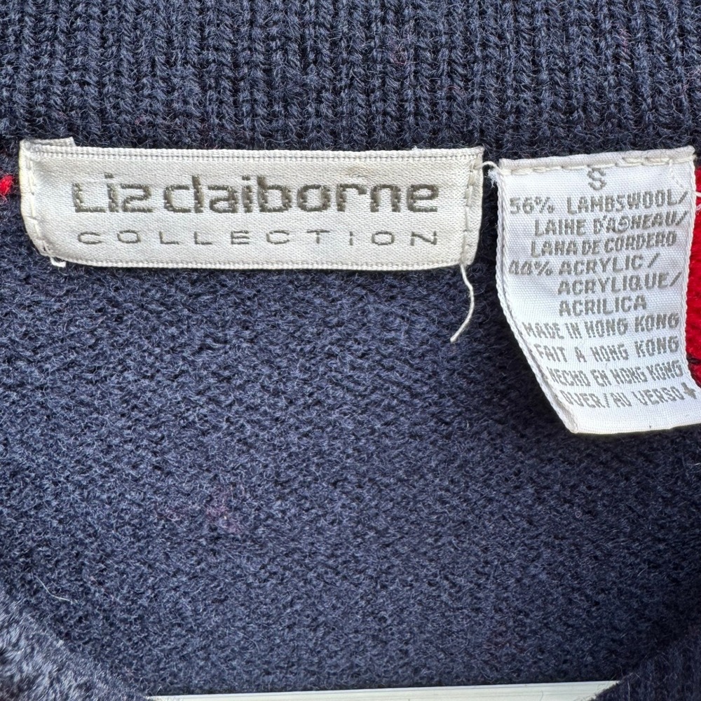 Vintage Liz Claiborne Womens Red Blue Diamond Wool Sweater SMALL Colorblock - Picture 3 of 6